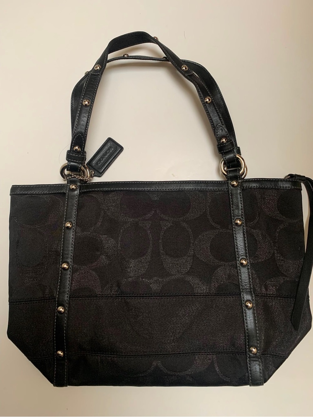 Vintage Like New Coach Black Logo Fabric and Leather trim studded Tote